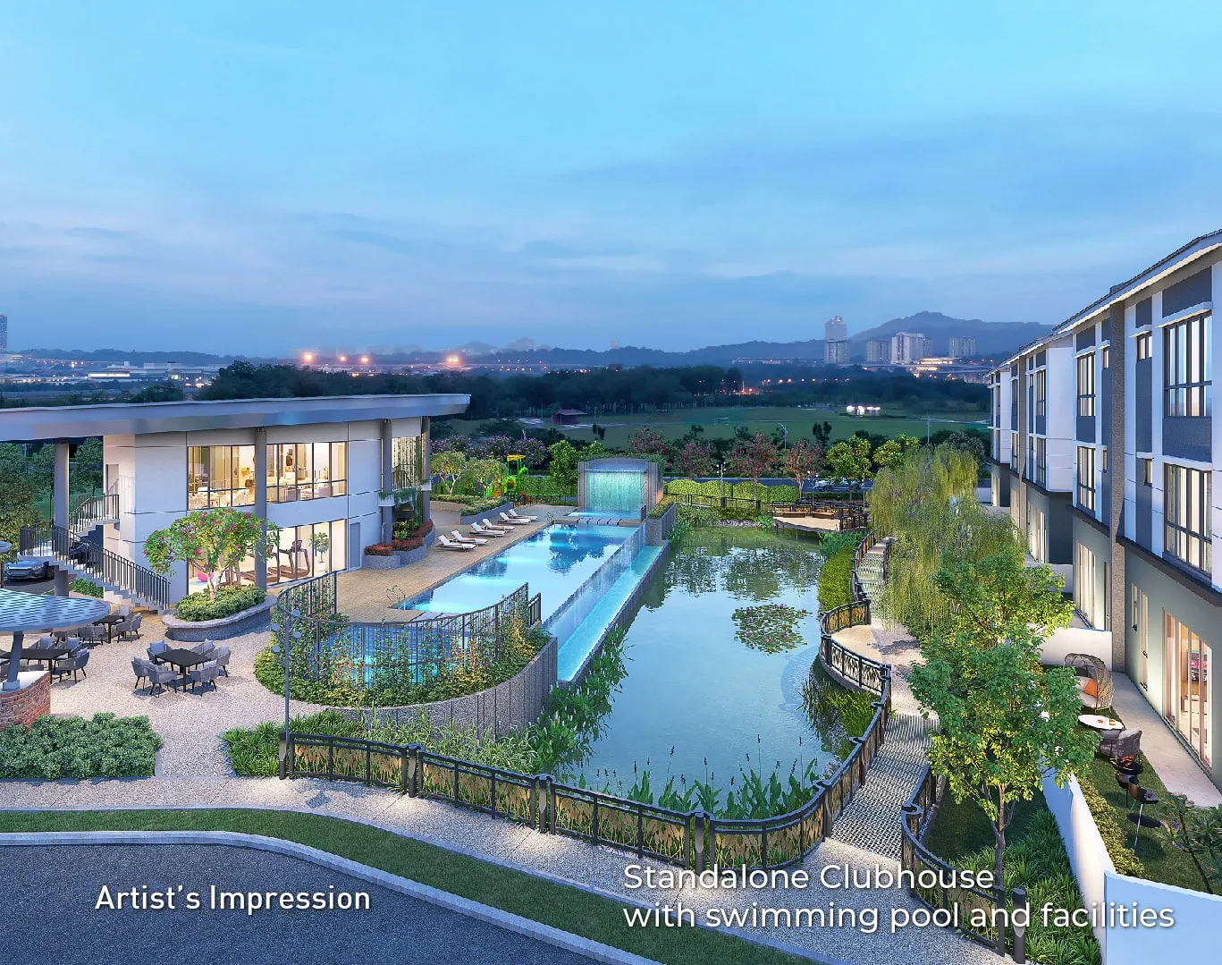 Daya Residence clubhouse and pool beside the lake with lush landscaping, artist's impression