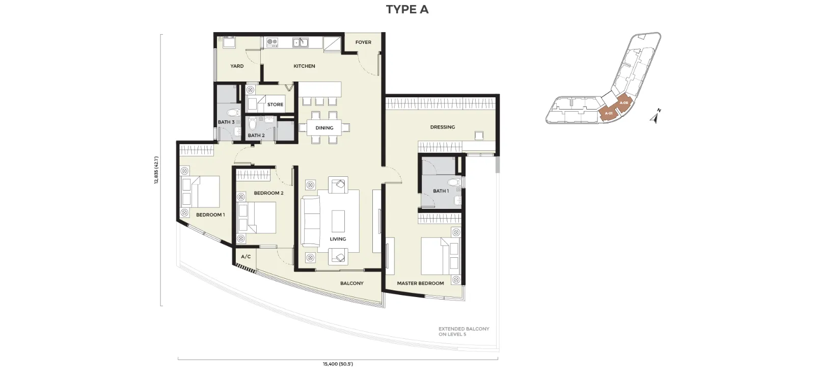 Daya Residence floor plan Condo A, 1,572 sq ft, 3 bed, 3 bath
