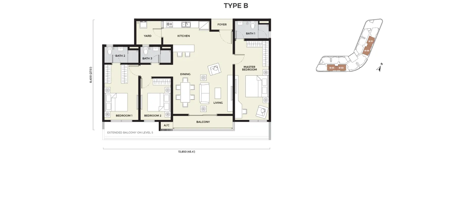 Daya Residence floor plan Condo B, 1,238 sq ft, 3 bed, 3 bath