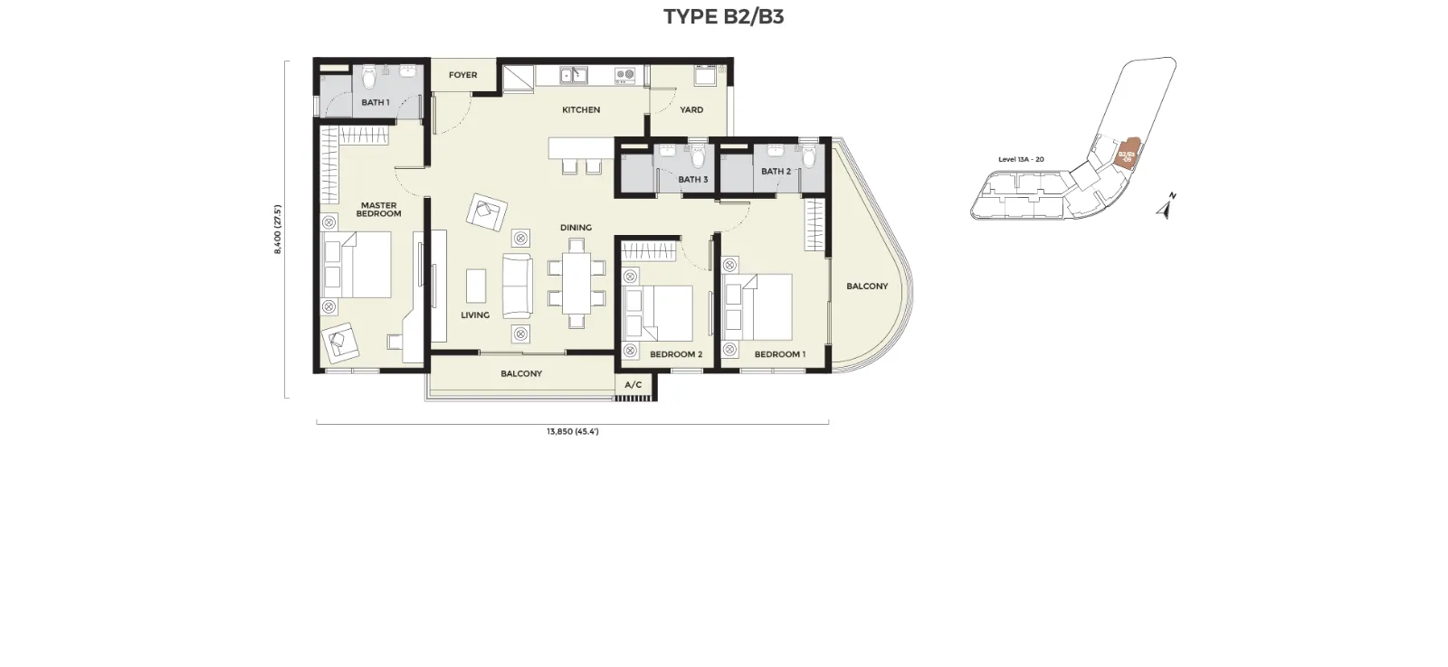 Daya Residence floor plan Condo B2/B3, 1,345 sq ft, 3 bed, 3 bath