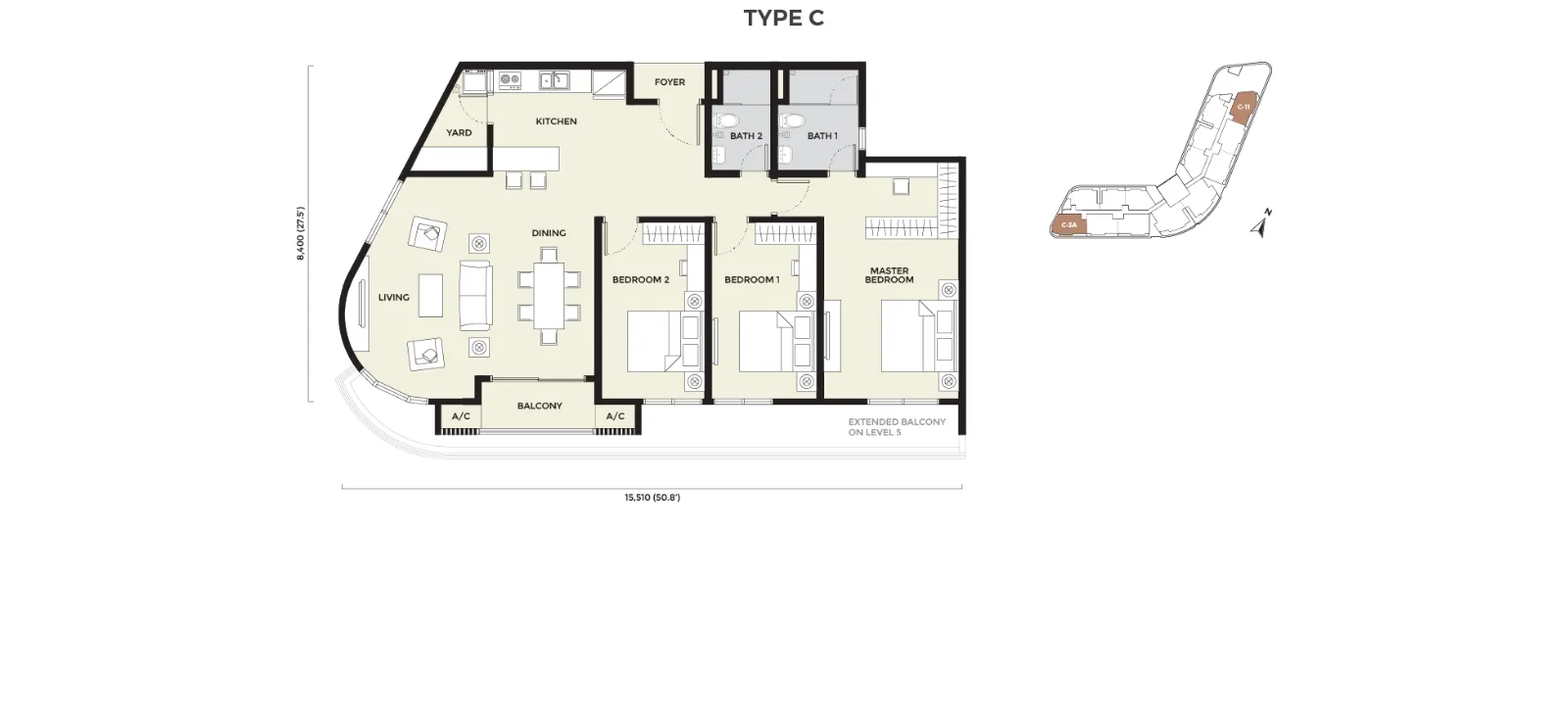Daya Residence floor plan Condo C, 1,281 sq ft, 3 bed, 2 bath