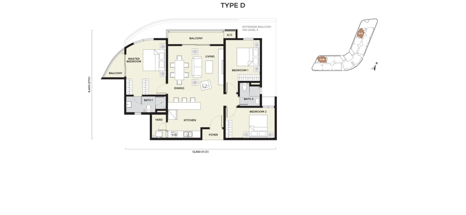 Daya Residence floor plan Condo D, 1,087 sq ft, 3 bed, 2 bath
