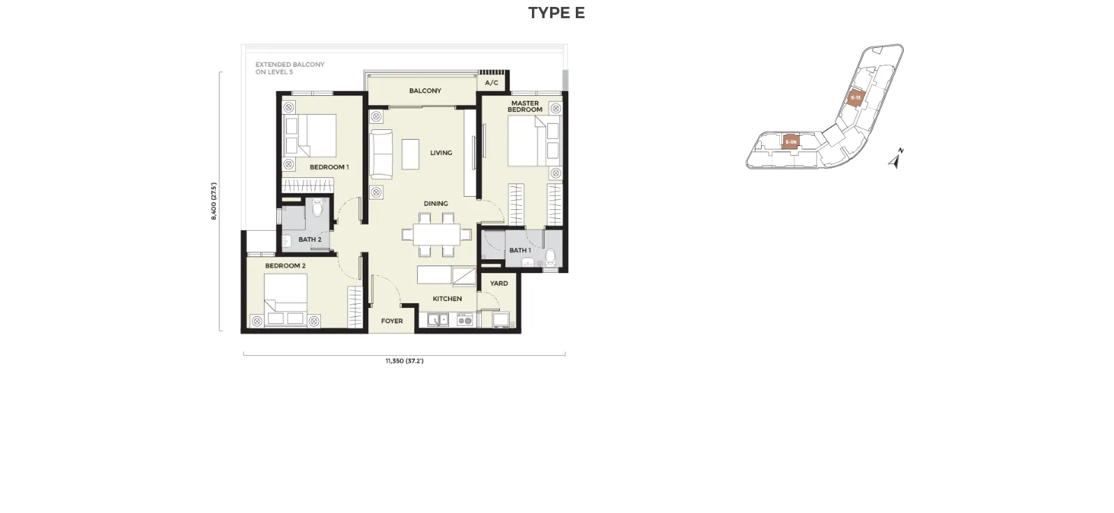 Daya Residence floor plan Condo E, 947 sq ft, 3 bed, 2 bath