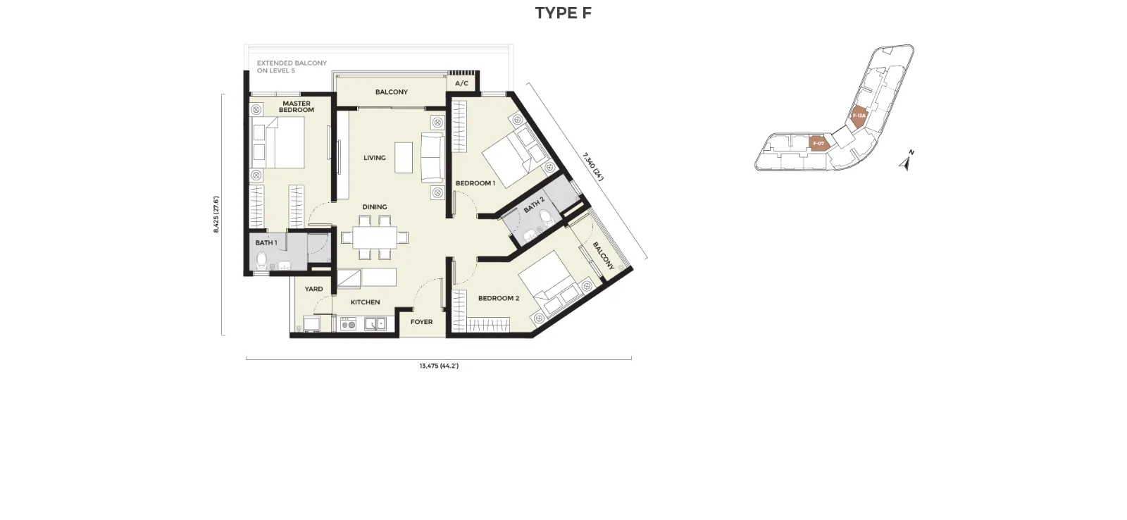 Daya Residence floor plan Condo F, 1,033 sq ft, 3 bed, 2 bath
