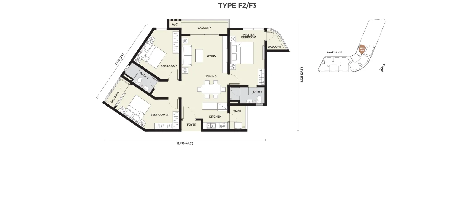 Daya Residence floor plan Condo F2/F3, 1,066 sq ft, 3 bed, 2 bath
