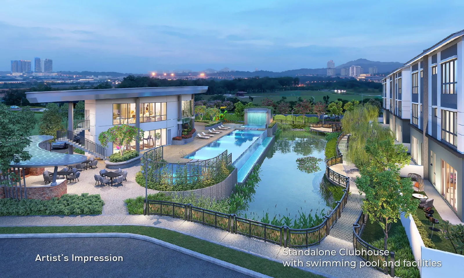 Daya Residence clubhouse with a lakeside swimming pool, water decks and town villas, artist's impression