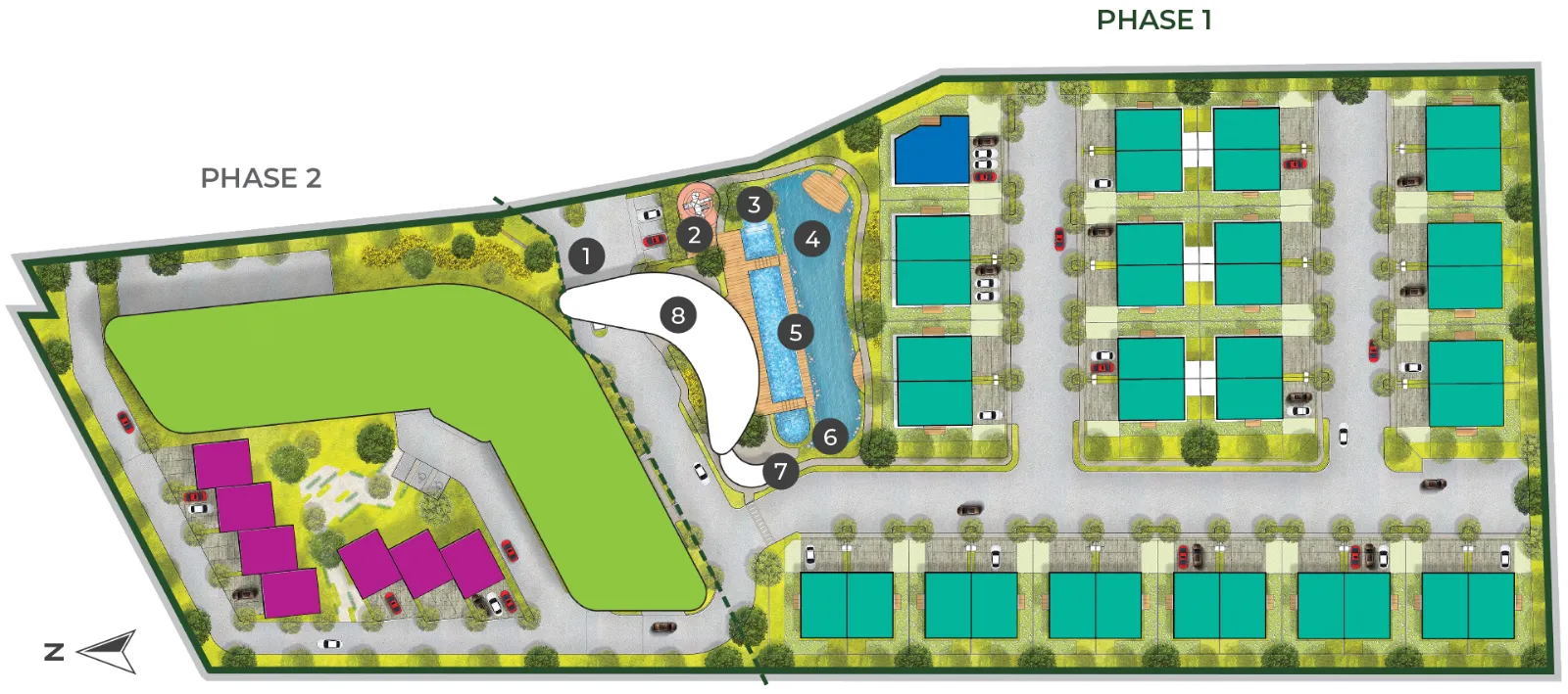 Daya Residence site plan showing Phase 1 semi-detached homes and bungalow, Phase 2 condominium and town villas around the clubhouse and lake